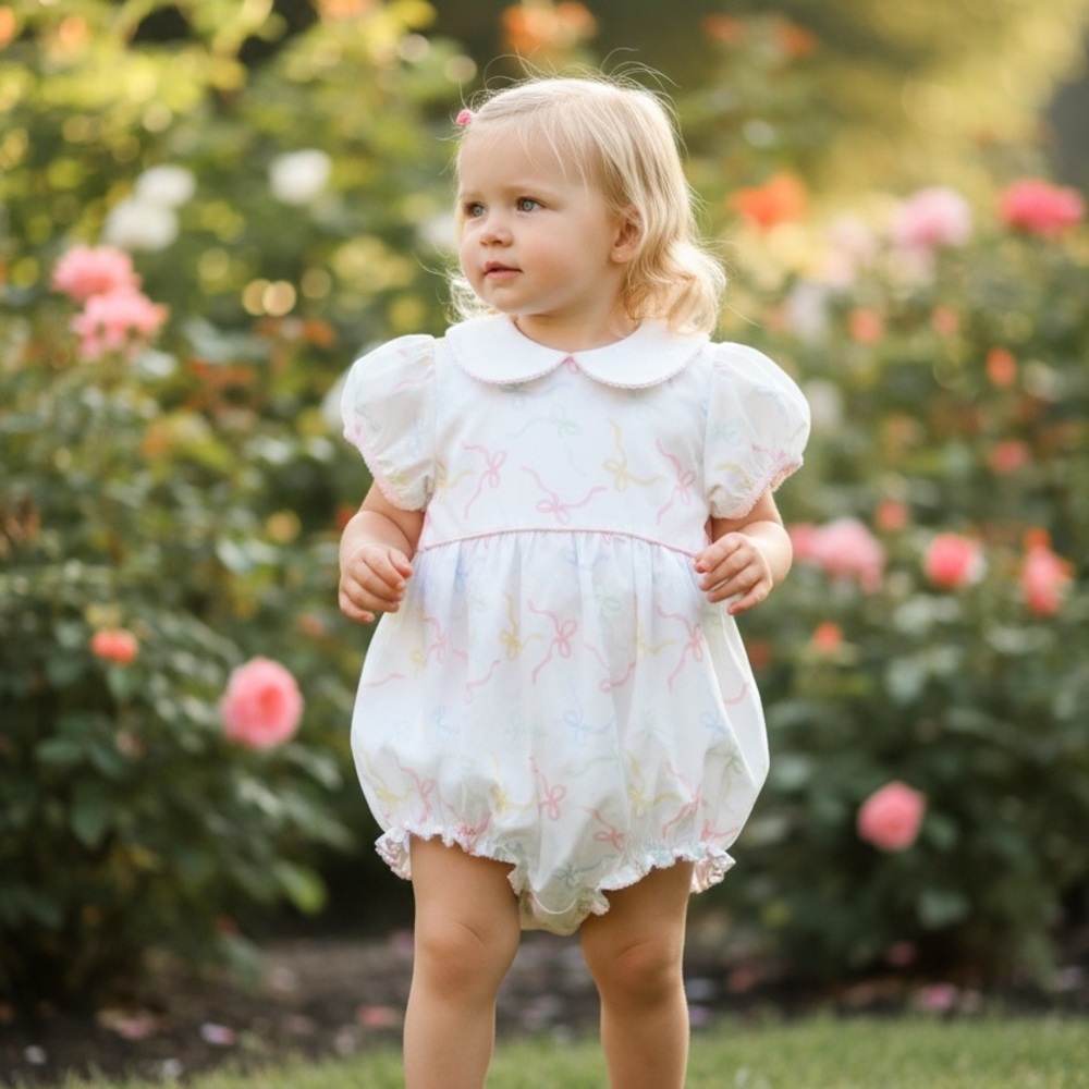 Pima Cotton White Baby Bubble Romper with Pastel Bow Print